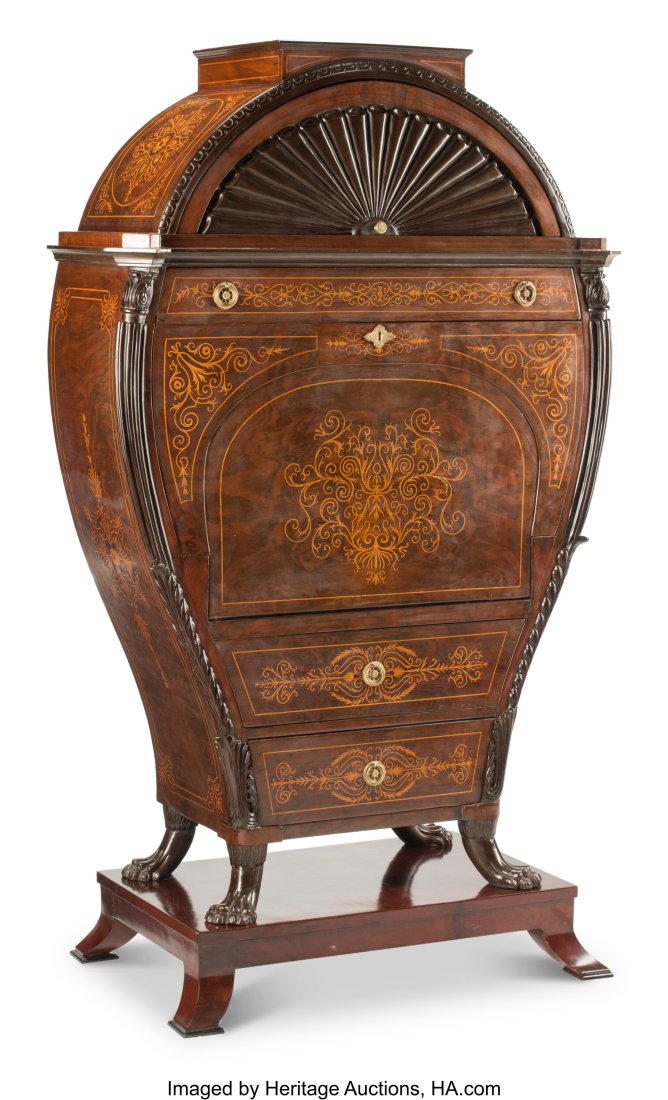 A Biedermeier-Style Mahogany Inlaid Fall-Front L: A Biedermeier-Style Mahogany Inlaid Fall-Front Lyre-Form Secretaire 71 x 44 x 23-1/2 inches (180.3 x 111.8 x 59.7 cm) HID03101062020 © 2022 Heritage Auctions &v
