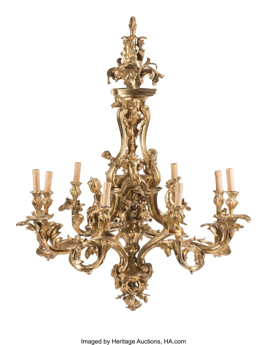 A Louis XV-Style Fifteen-Light Gilt Bronze Chand: A Louis XV-Style Fifteen-Light Gilt Bronze Chandelier After Jacques Caffieri 47 x 35 inches (119.4 x 88.9 cm) HID03101062020 © 2022 Heritage Auctions | All Rights Res