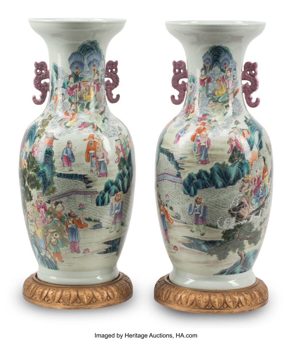 A Pair of Chinese Enameled Porcelain Vases on Wo: A Pair of Chinese Enameled Porcelain Vases on Wood Bases 26-1/2 x 10 inches (67.3 x 25.4 cm) (each) HID03101062020 © 2022 Heritage Auctions | All Rights