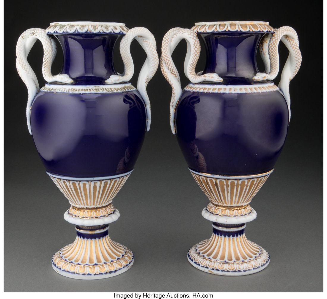 A Pair of Meissen Cobalt Blue Porcelain Snake-Ha: A Pair of Meissen Cobalt Blue Porcelain Snake-Handle Vases, 19th century Marks: (blue crossed swords), 29, 153, 5, 10-1/4 x 6-1/4 x 5-1/2 inch