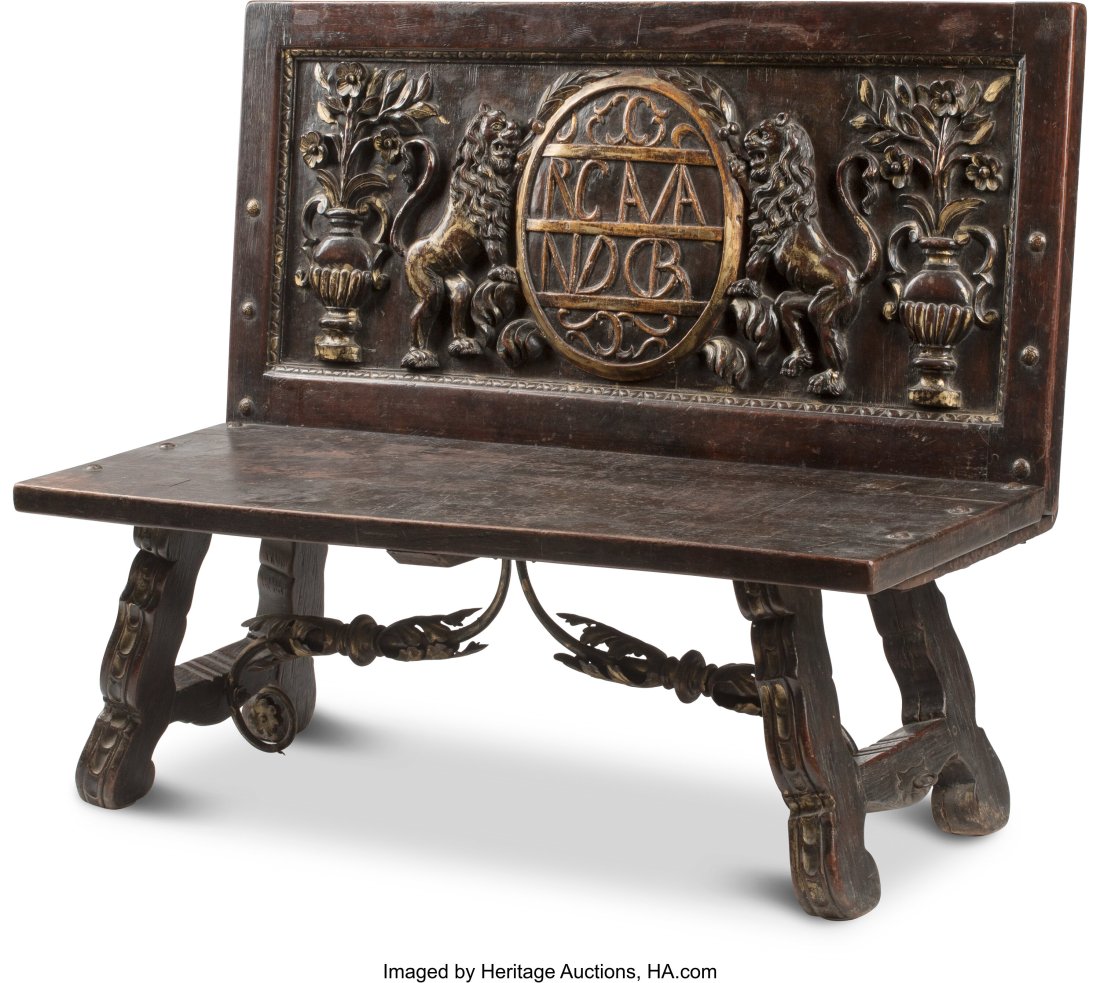 A Renaissance-Revival Wrought Iron-Mounted Sette: A Renaissance-Revival Wrought Iron-Mounted Settee, 18th century 39 x 49 x 23 inches (99.1 x 124.5 x 58.4 cm) HID03101062020 © 2022 Heritage Auctions | Al