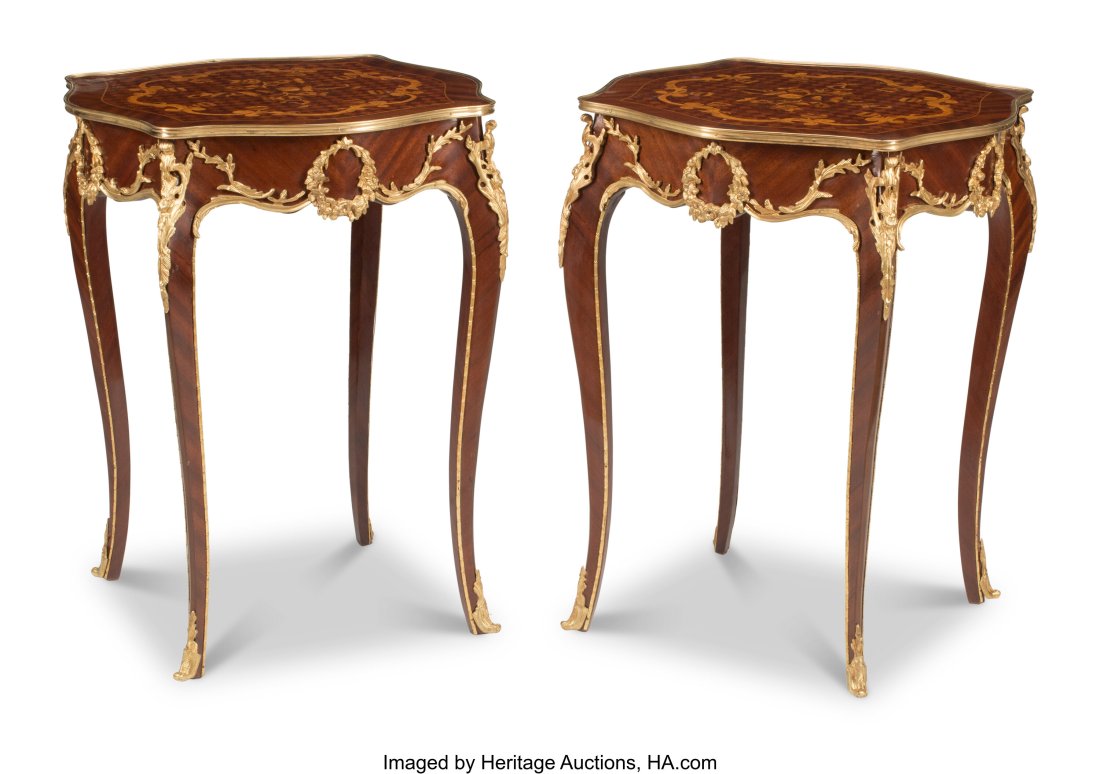 A Pair of Louis XV-Style Gilt Bronze-Mounted Mar: A Pair of Louis XV-Style Gilt Bronze-Mounted Marquetry Inlaid Tables 29 x 18-1/2 x 18-1/2 inches (73.7 x 47.0 x 47.0 cm) (each) HID03101062020 © 2
