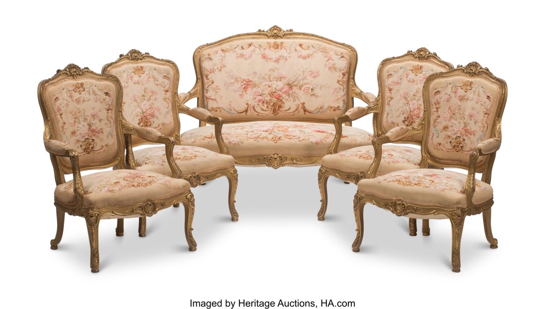A Five-Piece Louis XV-Style Aubusson Upholstered: A Five-Piece Louis XV-Style Aubusson Upholstered Salon Set 43 x 53 x 23 inches (109.2 x 134.6 x 58.4 cm) (sofa) 39-1/2 x 26 x 23 inches (armchairs&rpa