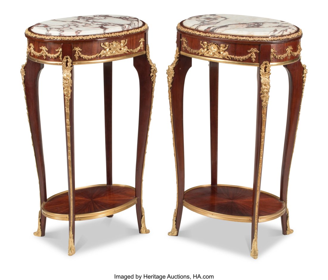 A Pair of Louis XV-Style Gilt Bronze-Mounted Ova: A Pair of Louis XV-Style Gilt Bronze-Mounted Oval Tables with Marble Tops 31 x 18 x 13-1/2 inches (78.7 x 45.7 x 34.3 cm) (each) HID03101062020 © 2022