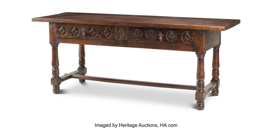 A Renaissance-Revival Walnut Two-Drawer Table 33: A Renaissance-Revival Walnut Two-Drawer Table 33 x 83-1/2 x 29-1/2 inches (83.8 x 212.1 x 74.9 cm) HID03101062020 © 2022 Heritage Auctions | All Rights