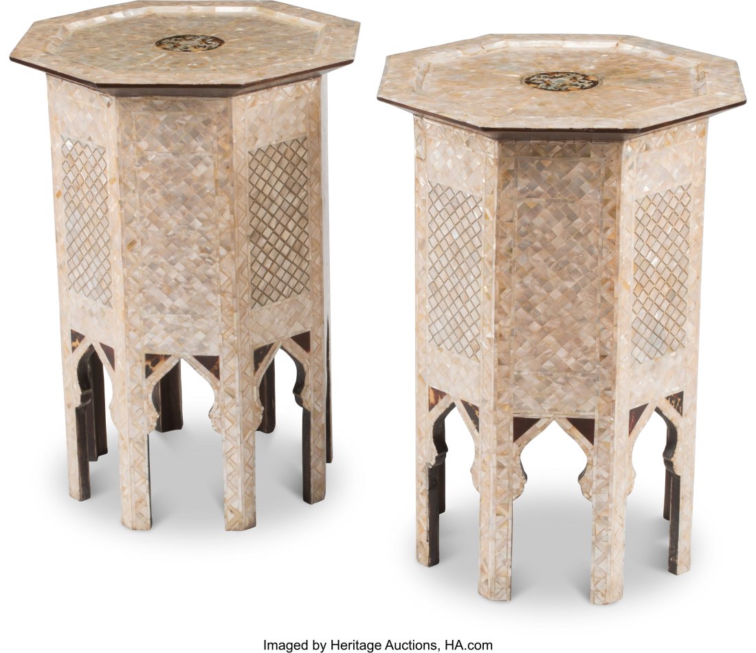A Pair of Syrian Mother-of-Pearl Inlaid Octagona: A Pair of Syrian Mother-of-Pearl Inlaid Octagonal Tables 24 x 18 inches (61.0 x 45.7 cm) (each) HID03101062020 © 2022 Heritage Auctions | All Rights Reserve