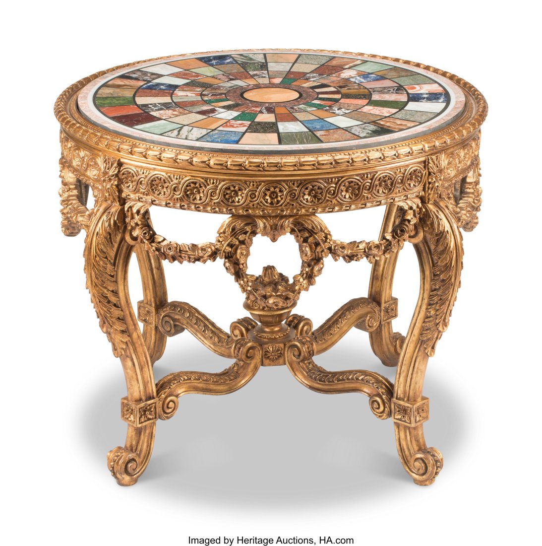 A Louis XV-Style Carved Giltwood Gueridon with S: A Louis XV-Style Carved Giltwood Gueridon with Specimen Marble Top 33 x 40 inches (83.8 x 101.6 cm) HID03101062020 © 2022 Heritage Auctions | All Rights Reserved