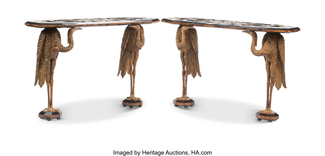 A Pair of Partial Gilt Figural Consoles with Spe: A Pair of Partial Gilt Figural Consoles with Specimen Marble Tops 36 x 56 x 18-1/2 inches (91.4 x 142.2 x 47.0 cm) (each) HID03101062020 © 2022 Herita