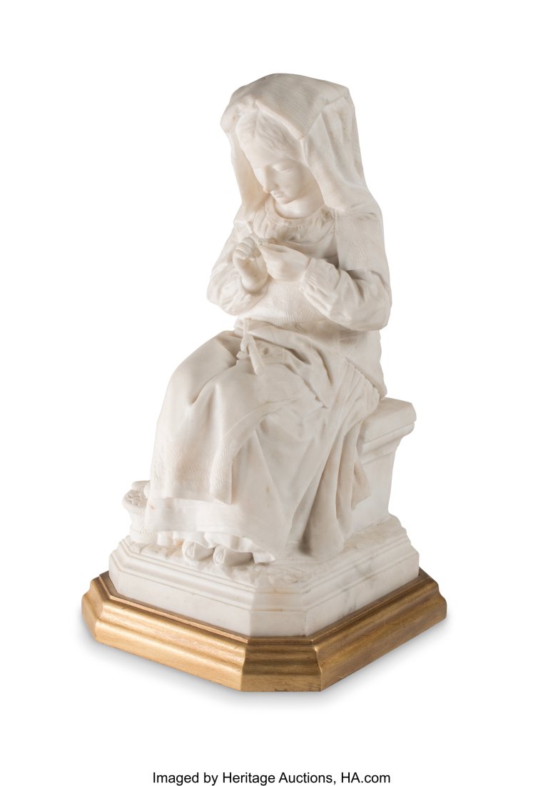 An Italian Carved Carrara Marble Figure of a Sea: An Italian Carved Carrara Marble Figure of a Seated Woman on a Gilt Carved Wood Base, 19th century Marks: Pietro Magni 23 x 12 x 12 inches (58.4 x 30.5 x 30.5 cm&