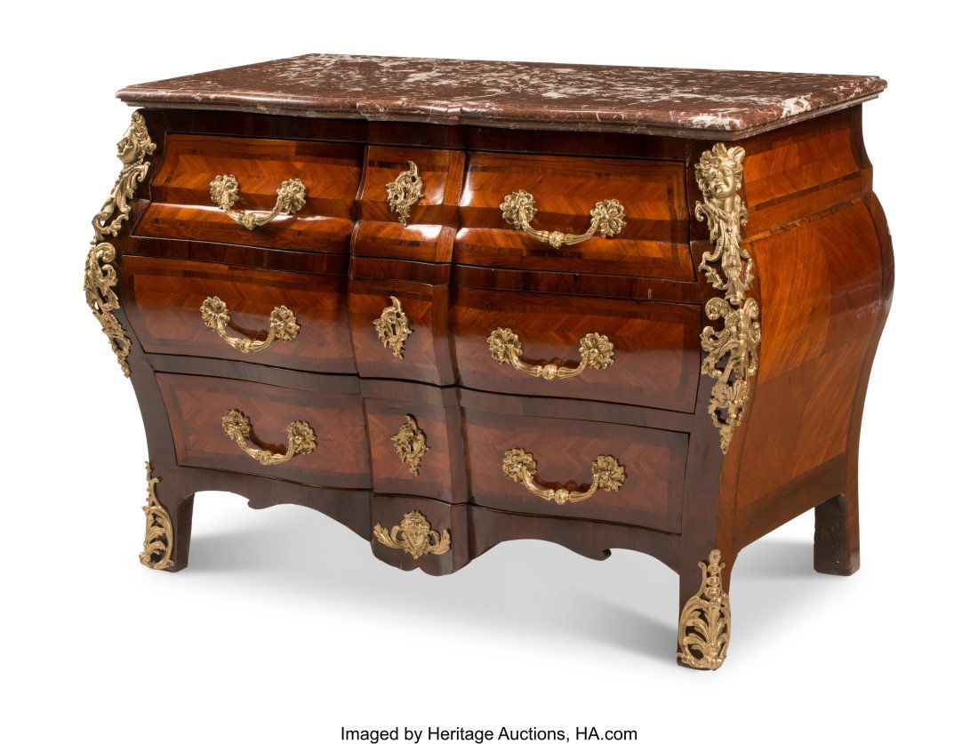 A French Regence Mahogany Commode with Parquetry: A French Regence Mahogany Commode with Parquetry Inlay and Marble Top, 18th century 36-1/2 x 52 x 26-1/2 inches (92.7 x 132.1 x 67.3 cm) HID03101062020 &co