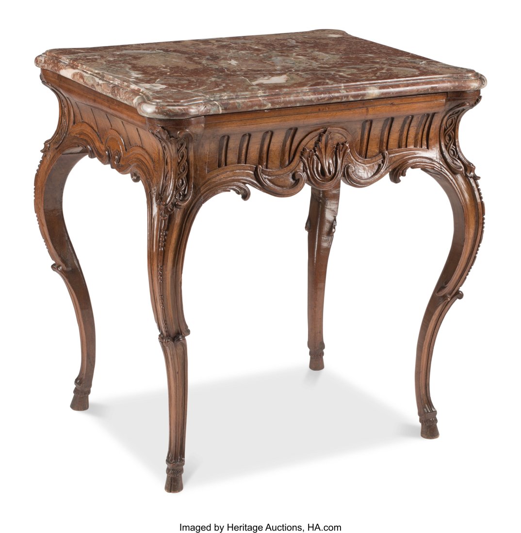 A French Provincial Walnut Side Table with Marbl: A French Provincial Walnut Side Table with Marble Top, 18th century 29-1/2 x 28 x 24 inches (74.9 x 71.1 x 61.0 cm) HID03101062020 © 2022 Heritage Auction
