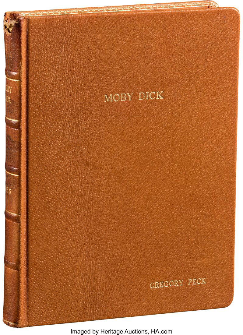 Personal book-bound final shooting script for Mo: Personal book-bound final shooting script for Moby Dick (Warner Bros., 1956) Vintage original 148-page final shooting script with blue revision pages. Screenplay by Ray B