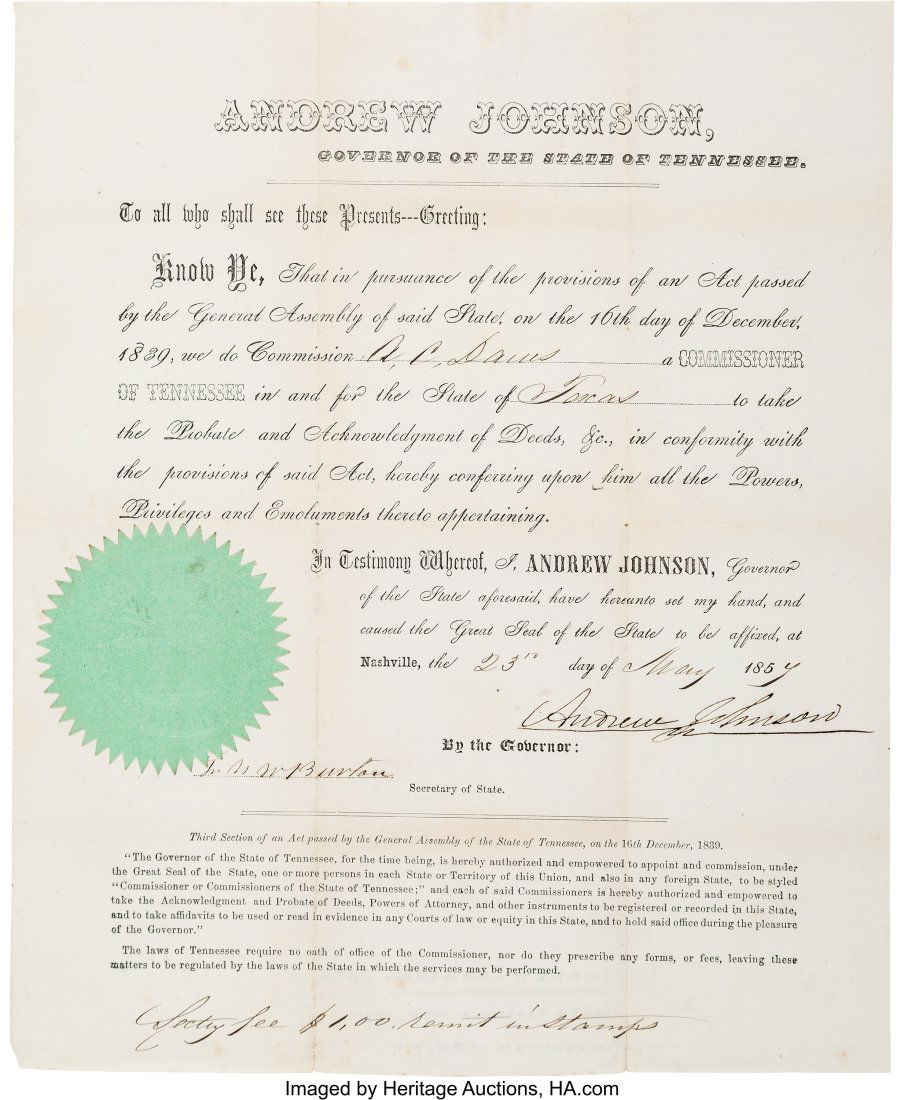 Andrew Johnson Document Signed as Governor of Te (1 of 2)