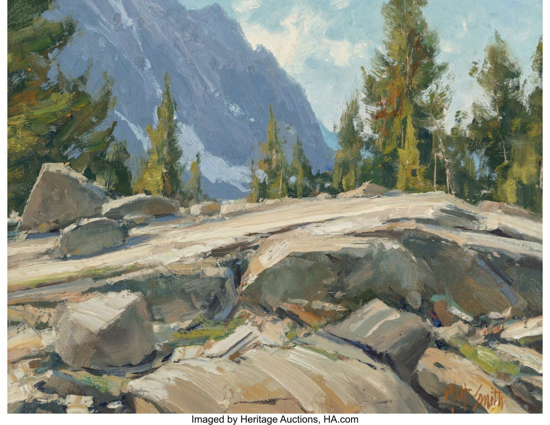 Matt Smith (American, b. 1960) View from Cloney': Matt Smith (American, b. 1960) View from Cloney's Camp, 1988 Oil on canvas laid on board 12 x 16 inches (30.5 x 40.6 cm) Signed lower right: Matt Smith Signed, dated, titled, and inscribed on the reve