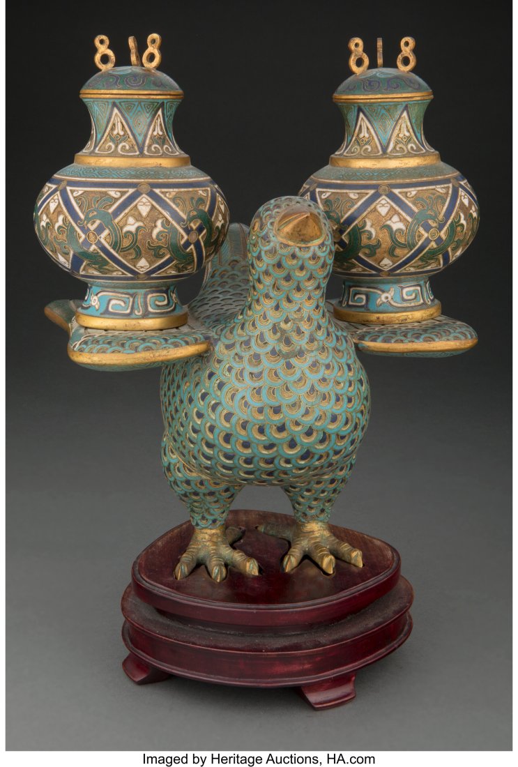 A Chinese Cloisonné Bird Carrying Two Covered V (1 of 3)