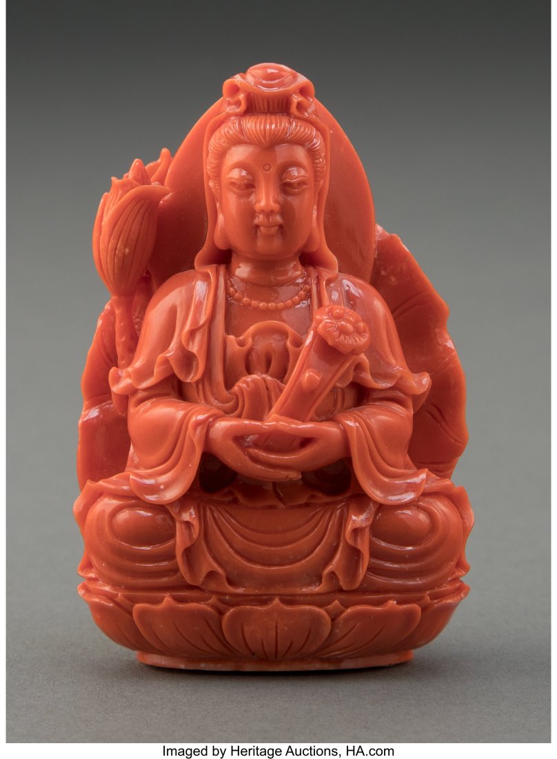 A Chinese Carved Coral Guanyin 2-3/4 x 2 x 1-1/8 (1 of 2)