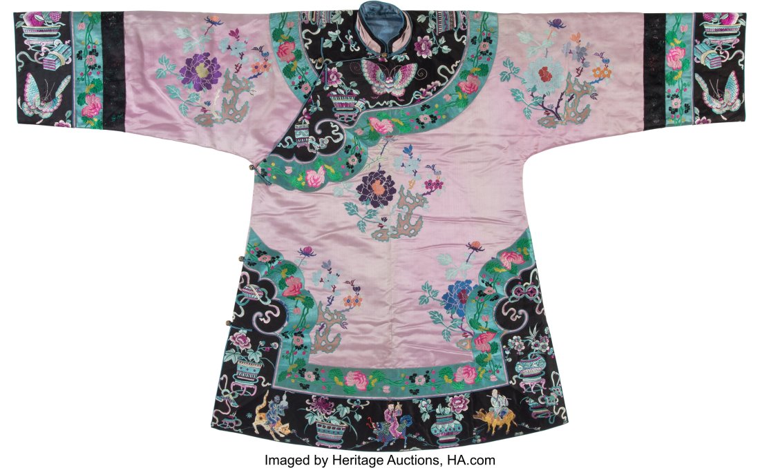 A Chinese Embroidered Silk Pink-Ground Women's J: A Chinese Embroidered Silk Pink-Ground Women's Jacket 39-1/4 x 64 inches (99.7 x 162.6 cm) Selected Highlights from the Bill and Norma Canelas Roth Collection HID03101062020 Â© 2022 Heritage Auction