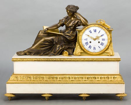 A BALTHAZARD NEOCLASSICAL BRONZE AND MARBLE FIGU: A BALTHAZARD NEOCLASSICAL BRONZE AND MARBLE FIGURAL CLOCK 20th century Marks to f