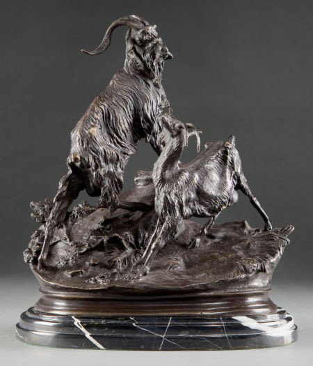 A PATINATED BRONZE FIGURAL GROUP AFTER JULES MOI: A PATINATED BRONZE FIGURAL GROUP AFTER JULES MOIGNIEZ (FRENCH, 1835-1894): GOATS