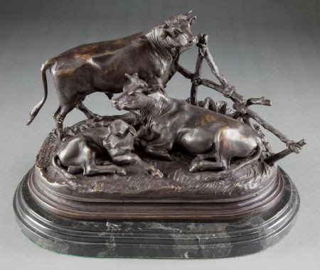 A PATINATED BRONZE FIGURAL GROUP AFTER JULES MOI: A PATINATED BRONZE FIGURAL GROUP AFTER JULES MOIGNIEZ (FRENCH, 1835-1894): COWS&nbs