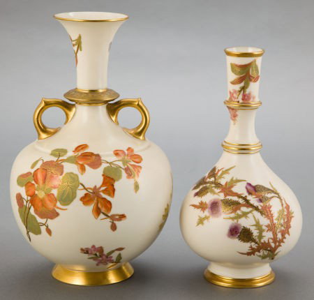 TWO ROYAL WORCESTER PORCELAIN VASES Circa 1886 : TWO ROYAL WORCESTER PORCELAIN VASES Circa 1886 Marks: (maroon crown over seal),