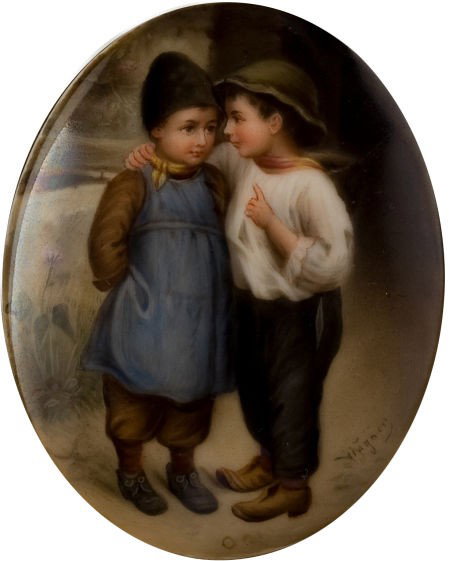 A GERMAN PORCELAIN PLAQUE SIGNED WAGNER: TWO BOY: A GERMAN PORCELAIN PLAQUE SIGNED WAGNER: TWO BOYS Late 19t