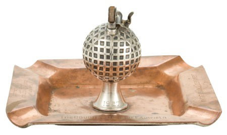 A BLACK, STARR & FROST SILVER AND COPPER GOLFING: A BLACK, STARR & FROST SILVER AND COPPER GOLFING PRESENTATION SMOKING TRAY WITH LIGHTER Cir