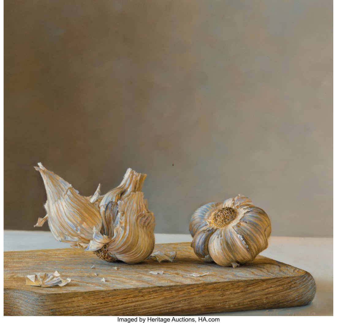 Scott Fraser (American, b. 1957) Garlic Cloves O: Scott Fraser (American, b. 1957) Garlic Cloves Oil on Masonite 7-1/2 x 7 inches (19.1 x 17.8 cm) Signed lower right: Scott Fraser Signed,