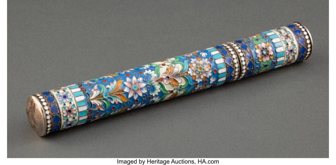 A Russian Cloisonné and Silver Gilt Cigar Case,: A Russian Cloisonné and Silver Gilt Cigar Case, Moscow, early 20th century Marks: Right-facing Kokoshnik mark with Δ, 84 7-1/2 x 1 x 1 inches (19.1