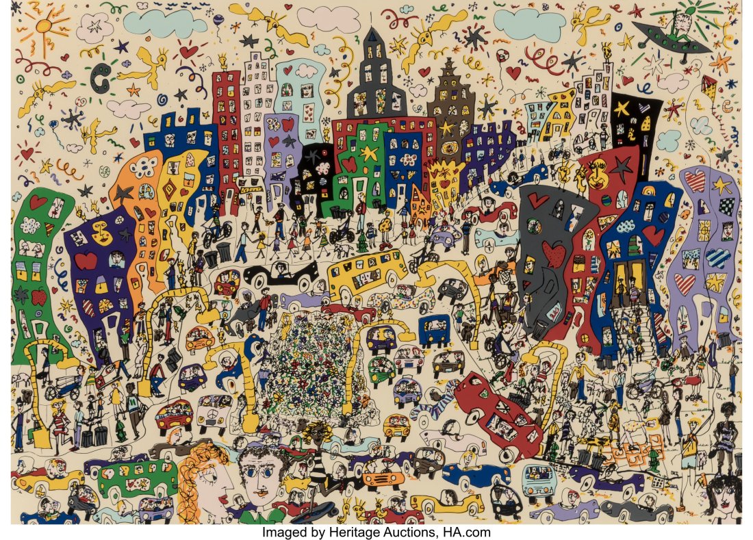 James Rizzi (American, 1950-2011) Eastside, West: James Rizzi (American, 1950-2011) Eastside, Westside, Uptown, Downtown, 1978 Screenprint in colors on wove paper 19-1/2 x 27-1/2 inches (49.