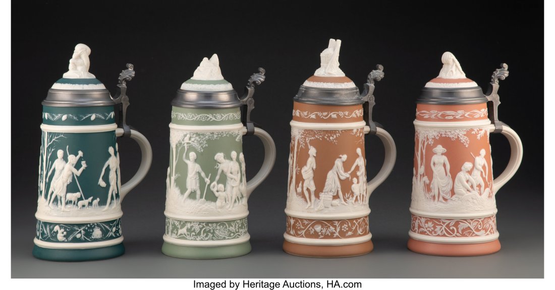 Set of Four Villeroy & Boch Jasperware Four Seas: Set of Four Villeroy & Boch Jasperware Four Seasons Steins, 1979 Marks: VILLEROY & BOCH SEIT 1748, 19 (abbey) 79, METTLACH, ges. gesch.&co