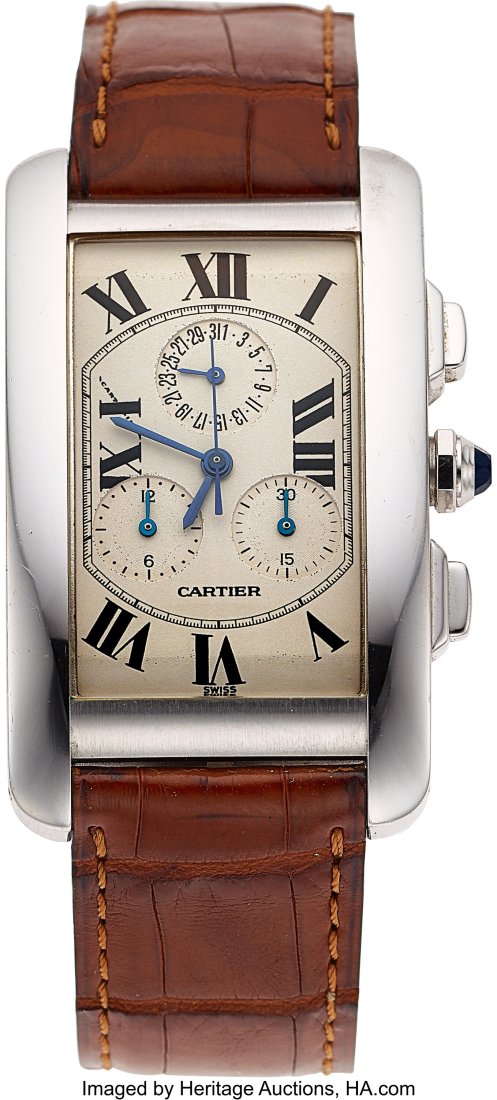 Cartier White Gold Tank Américaine Chronograph : Cartier White Gold Tank Américaine Chronograph Watch Case: 45 x 26 mm, rectangle, 18k white gold, caseback secured by eight screws, Water Resistant, Swiss Ma
