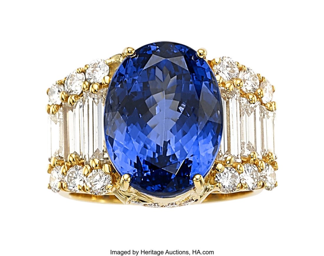 Tanzanite, Diamond, Gold Ring Stones: Oval-sha: Tanzanite, Diamond, Gold Ring Stones: Oval-shaped tanzanite weighing approximately 10.55 carats; baguette-cut diamonds weighing a total of approximately 1.50 carat