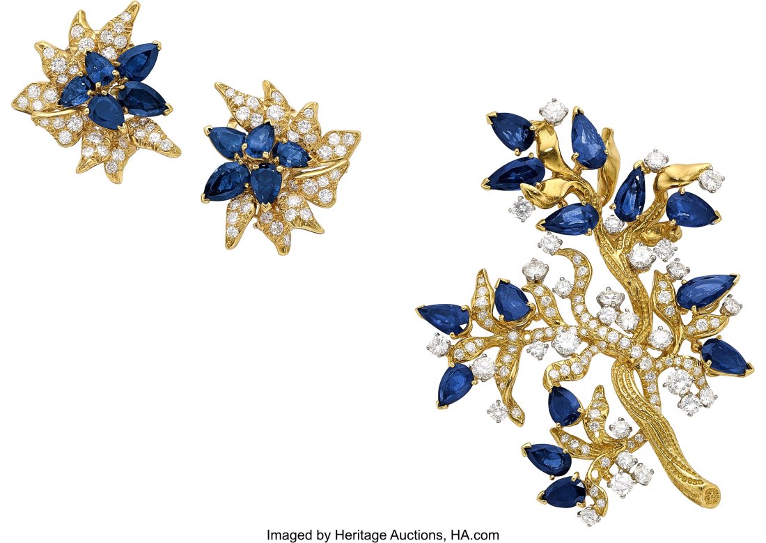 Julius Cohen Diamond, Sapphire, Platinum, Gold: Julius Cohen Diamond, Sapphire, Platinum, Gold Jewelry Suite Stones: Full-cut diamonds weighing a total of approximately 3.70 carats; pear-shaped sapphires weighing