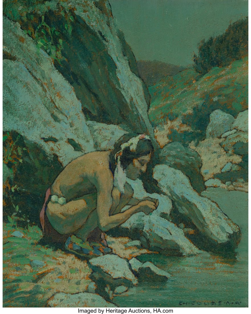 Eanger Irving Couse (American, 1866-1936) Indian: Eanger Irving Couse (American, 1866-1936) Indian Drinking, Moonlight, circa 1925 Oil on board 10 x 8 inches (25.4 x 20.3 cm) Signed lower right&colo