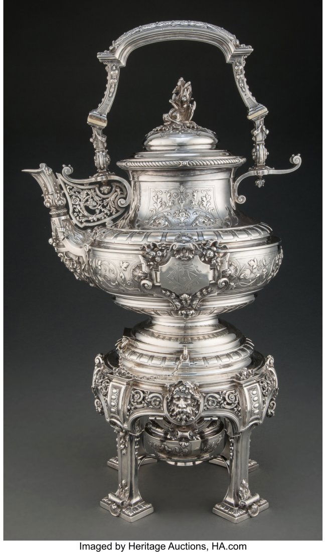 An Alphonse Debain Silver Kettle-on-Stand, Paris: An Alphonse Debain Silver Kettle-on-Stand, Paris, circa 1900 Marks: (Minerva), (A-woodcock-D) 19-1/4 x 11-1/4 x 8-1/2 inches (48.9 x