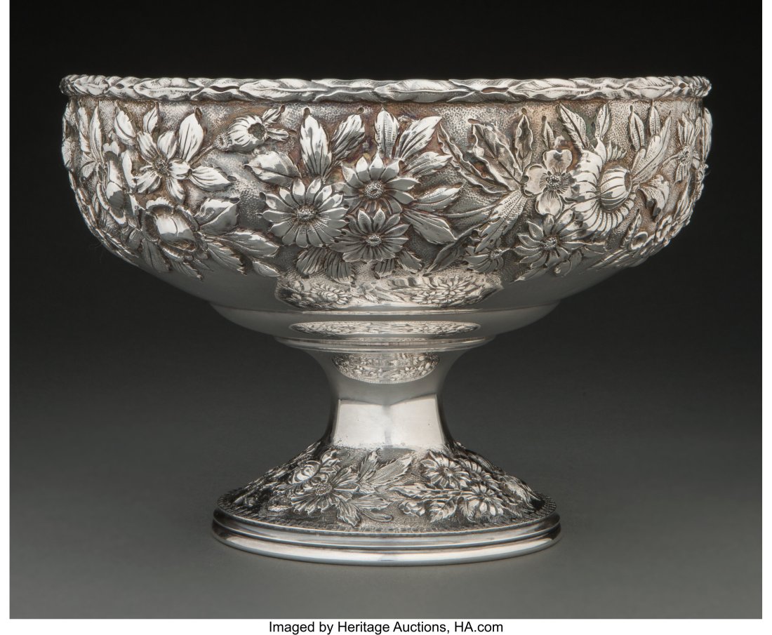 An S. Kirk & Son Co. Silver Chased Repoussé Foo: An S. Kirk & Son Co. Silver Chased Repoussé Footed Center Bowl, Baltimore, Maryland, 1896-1925 Marks: S. KIRK & SON CO., 925&so