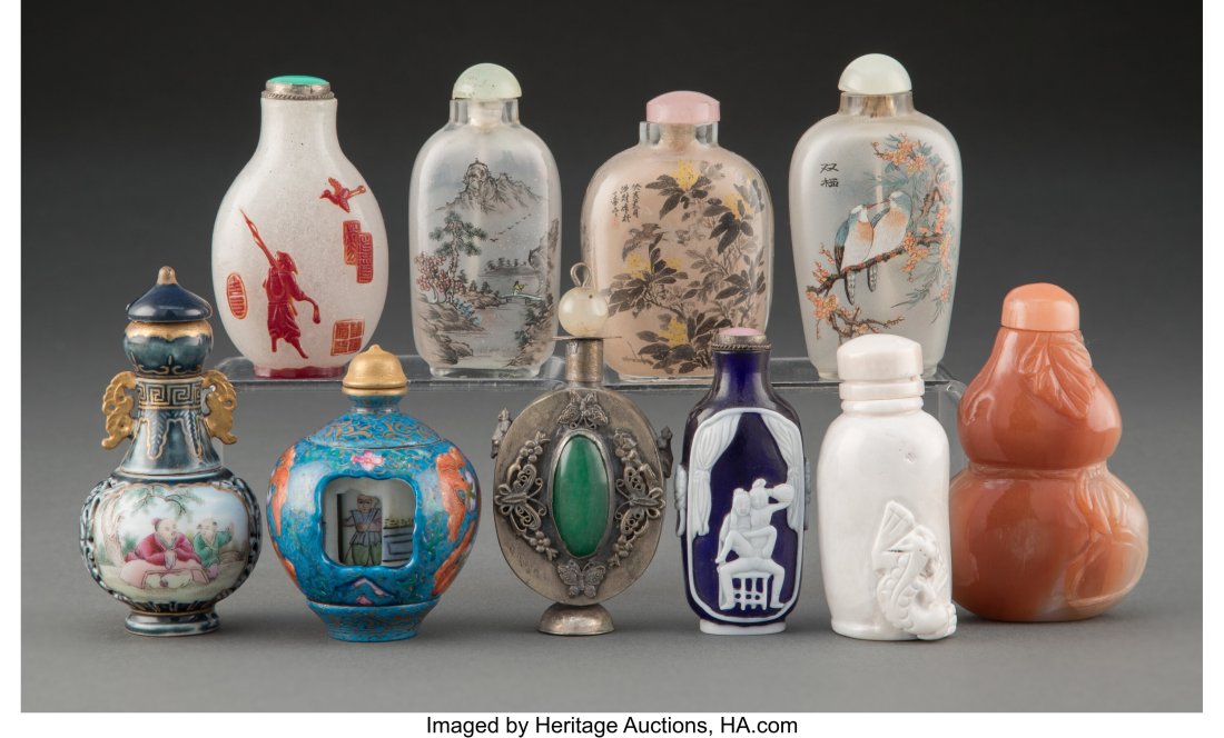 A Group of Ten Chinese Snuff Bottles Marks: (var: A Group of Ten Chinese Snuff Bottles Marks: (various) 3-1/2 x 1-5/8 x 1-1/8 inches (8.9 x 4.1 x 2.9 cm) (tallest) HID03101062020 &c