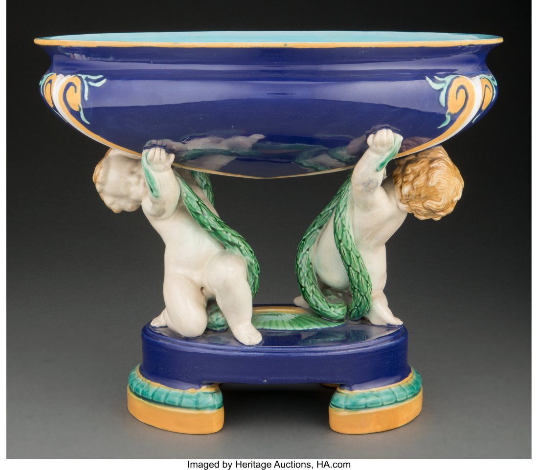 A Minton Majolica Figural Jardinière, Stoke-on-: A Minton Majolica Figural Jardinière, Stoke-on-Trent, Staffordshire, England, circa 1872 Marks: MINTON, anchor, N, 1647, (various&rpar