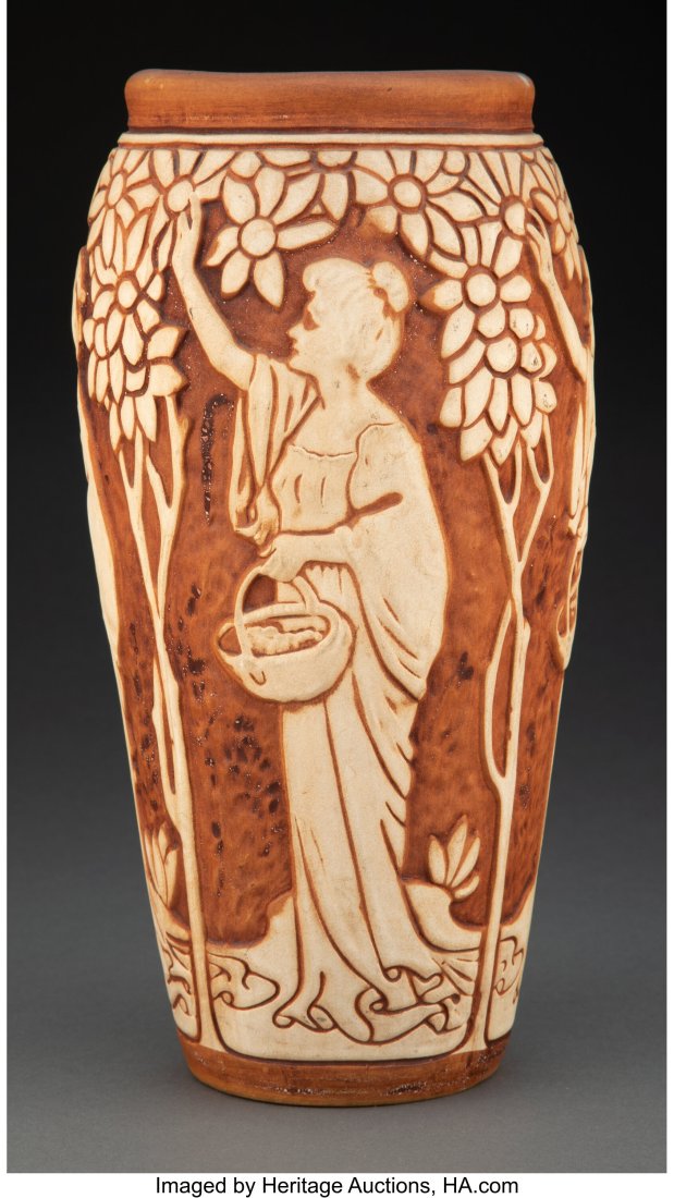 Weller Pottery Burntwood Orchard Vase, circa 191: Weller Pottery Burntwood Orchard Vase, circa 1910 11-1/2 inches (29.2 cm) Property from the Collection of a Florida Antique Dealer HID03101062020 © 2022 Heritage Auctio