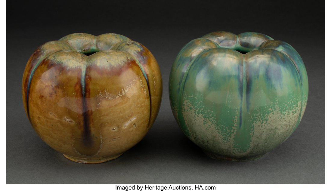 Pair of Fulper Pottery Glazed Ceramic Bell Peppe: Pair of Fulper Pottery Glazed Ceramic Bell Pepper Vases, circa 1915 Marks: FULPER 4-1/4 inches (10.8 cm) (tallest) HID03101062020 © 2022 Heritage Auctio