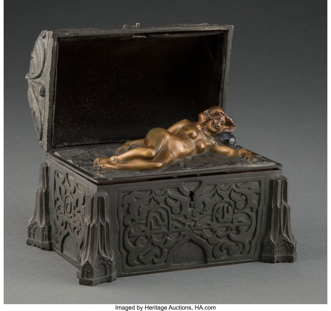 Austrian Gilt, Patinated, and Cold Painted Bronz: Austrian Gilt, Patinated, and Cold Painted Bronze Naughty Treasure Chest, circa 1900 Marks: AUSTRIA, DUNHILL 5 x 6-7/8 x 4-3/4 inches (12.7 x 17&perio