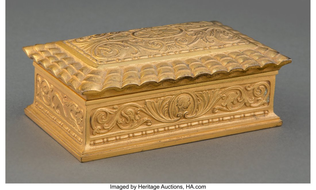 Tiffany Studios Gilt Bronze Spanish Box, circa 1: Tiffany Studios Gilt Bronze Spanish Box, circa 1910 Marks: TIFFANY STUDIOS, NEW YORK, 1886 2 x 5 x 3 inches (5.1 x 12.7 x 7.6 cm) LITERATURE&colo