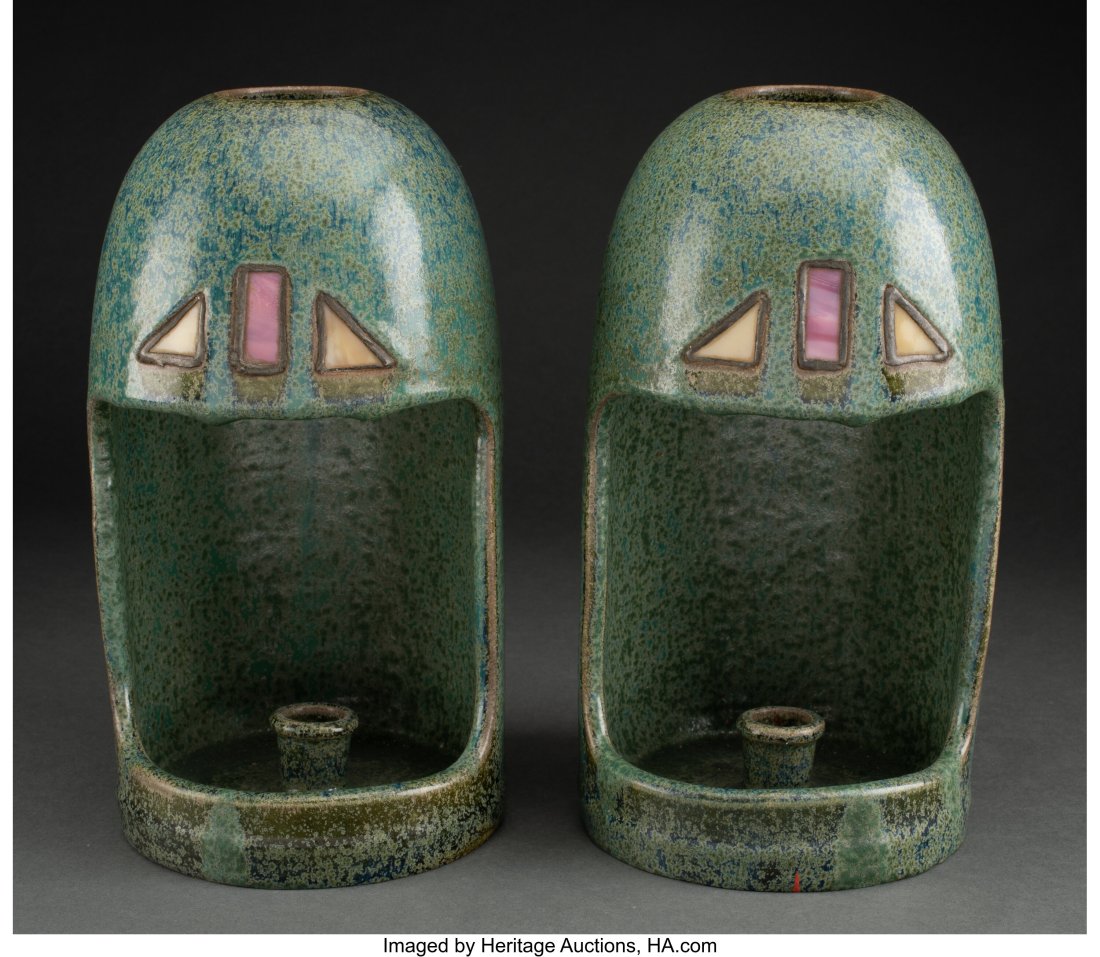 Pair of Fulper Pottery Glazed Ceramic and Leaded: Pair of Fulper Pottery Glazed Ceramic and Leaded Glass Canopy Candle Holders, circa 1915 10-1/2 inches (26.7 cm) (each) HID03101062020 Â© 2022 Heritage Auctions | All Rights Reserved