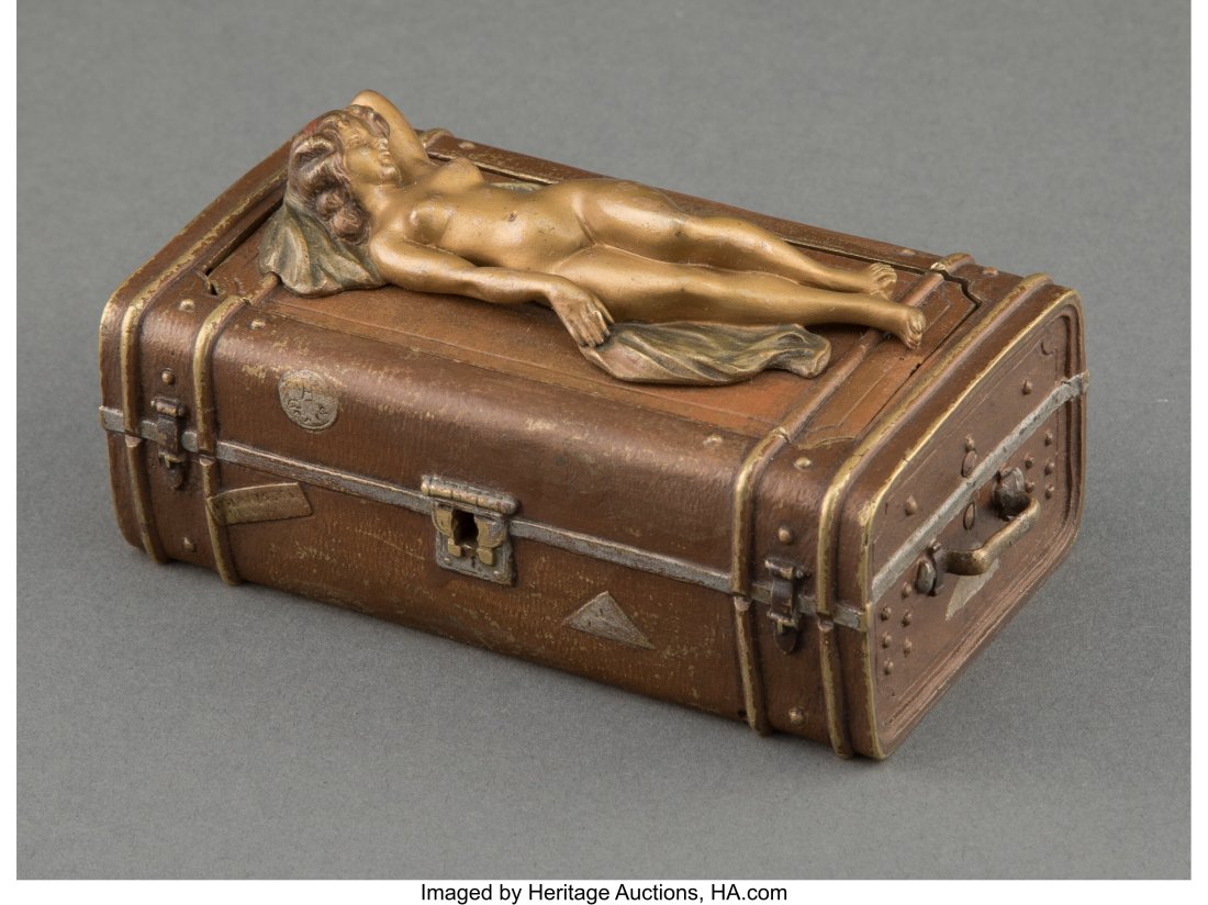 Franz Bergman Partial Gilt and Cold Painted Bron: Franz Bergman Partial Gilt and Cold Painted Bronze Naughty Steamer Chest Figure, circa 1900 Marks: Nam-Greb, (amphora-B) 1-5/8 x 5 x 2-1/2 inches (4.1 x 12.7 x 6.4 cm) The Joseph and Sonia Zobel Colle