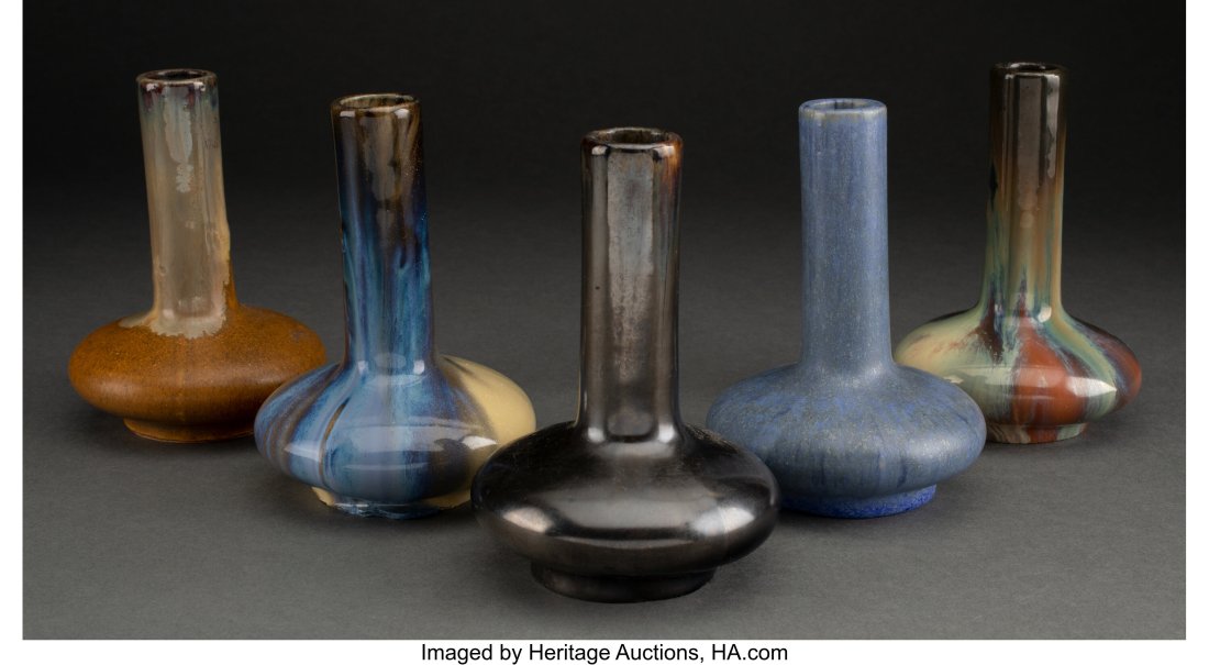 Five Fulper Pottery Glazed Ceramic Bud Vases, ci: Five Fulper Pottery Glazed Ceramic Bud Vases, circa 1920 Marks: FULPER 5-1/4 inches (13.3 cm) (tallest) HID03101062020 © 2022 Heritage Auctions | A