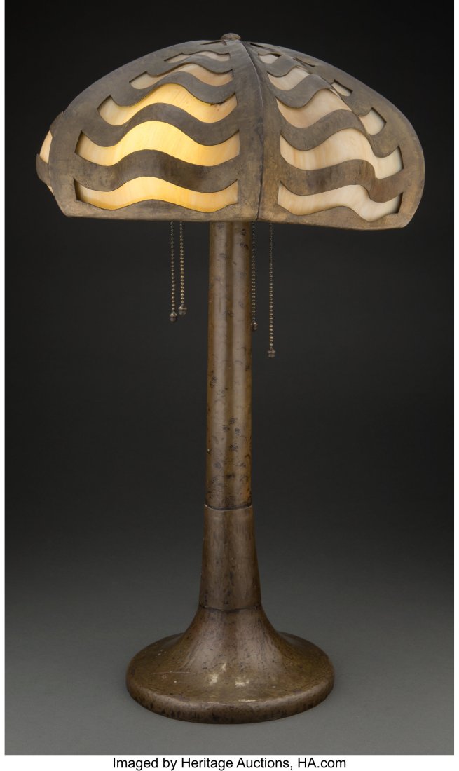 American Arts & Crafts Patinated Bronze and Glas: American Arts & Crafts Patinated Bronze and Glass Table Lamp, early 20th century 28 x 18 x 18 inches (71.1 x 45.7 x 45.7 cm) PROVENANCE: Collection of He