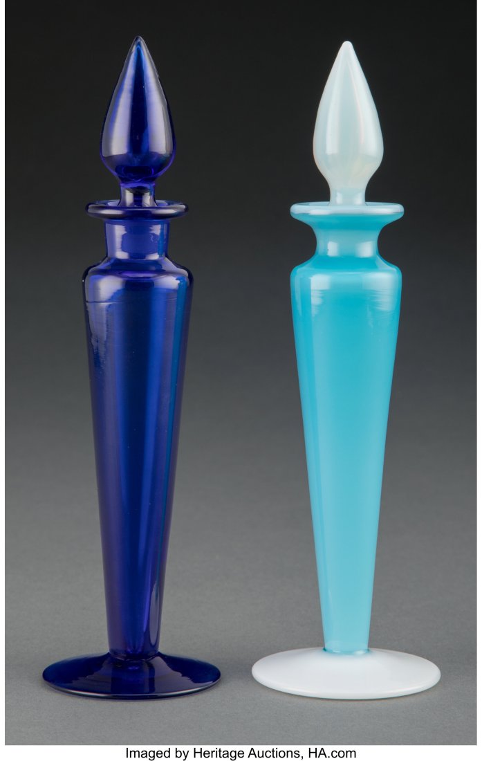Pair of Steuben Glass Perfume Bottles, circa 192: Pair of Steuben Glass Perfume Bottles, circa 1920 7-5/8 inches (19.4 cm) (each) The lot comprising: 1 Flemish blue perfume bottle; 1 light blue jade and flint white perfume bottle. 2 Total Property fr