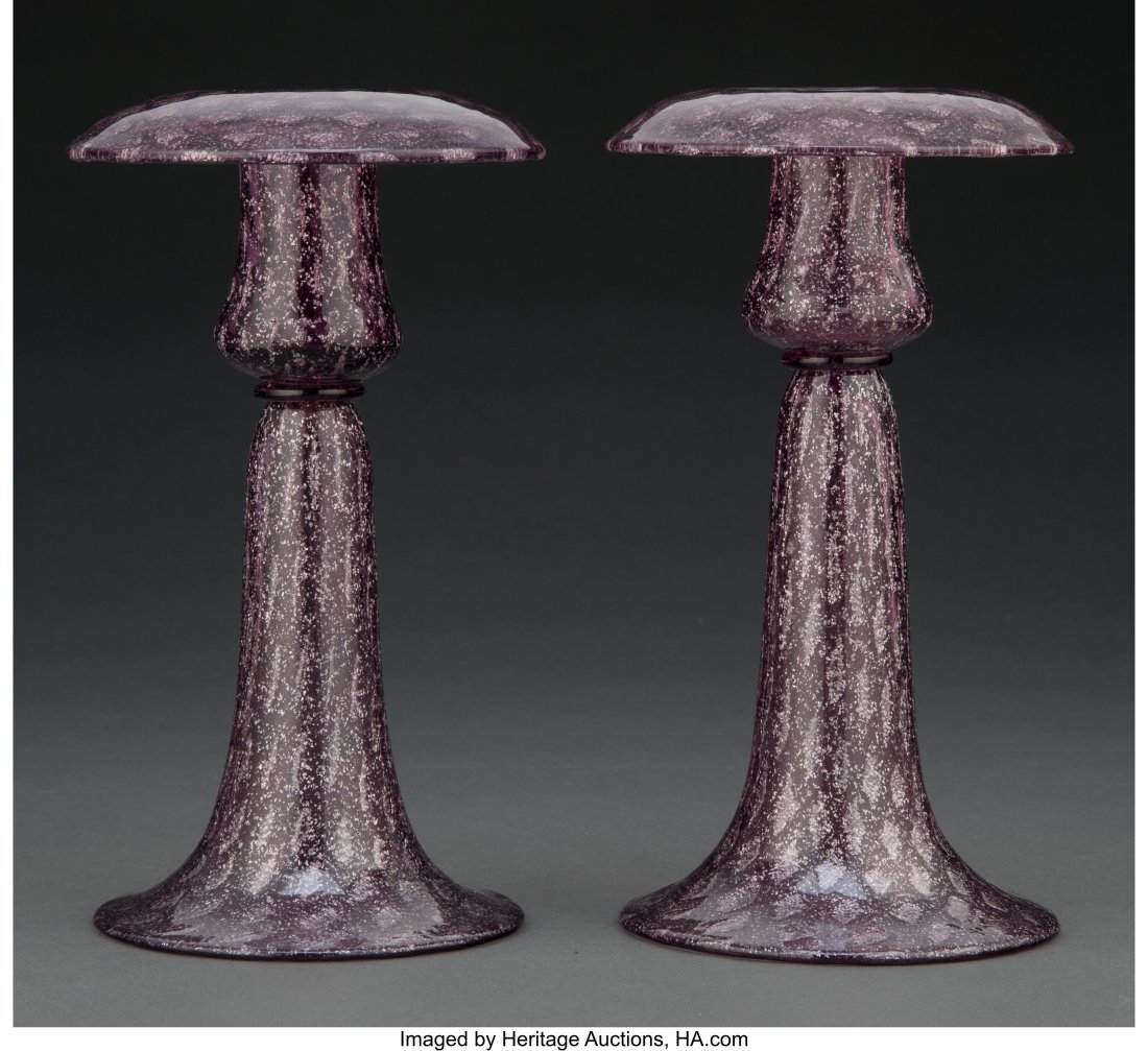 Pair of Steuben Amethyst Silverina Glass Candles: Pair of Steuben Amethyst Silverina Glass Candlesticks with Mica Inclusions, circa 1925 Marks to one: STEUBEN 8-1/4 inches (21.0 cm) (each) Property from an I