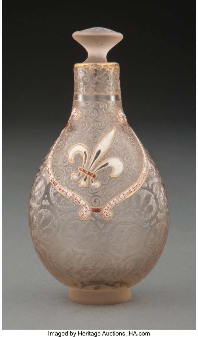 Daum Partial Gilt, Enameled and Acid-Etched Glas: Daum Partial Gilt, Enameled and Acid-Etched Glass Fleur de Lis Perfume Bottle, circa 1890 Marks: Daum, (Cross of Lorraine), Nancy 4-1/8 inches (10&peri